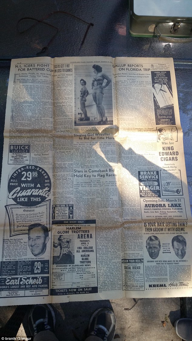 Newspaper lined the bottom of the green case, dating back to 1951 